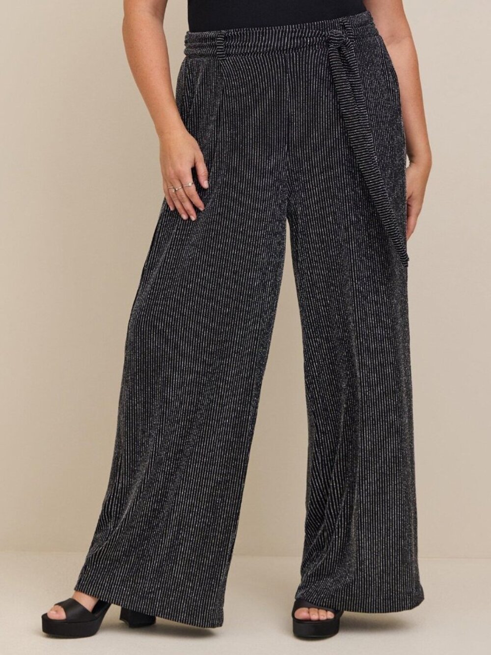 Torrid Women's Black White Lurex High-Rise Striped Self-Tie Wide-Leg Pants Sz 2